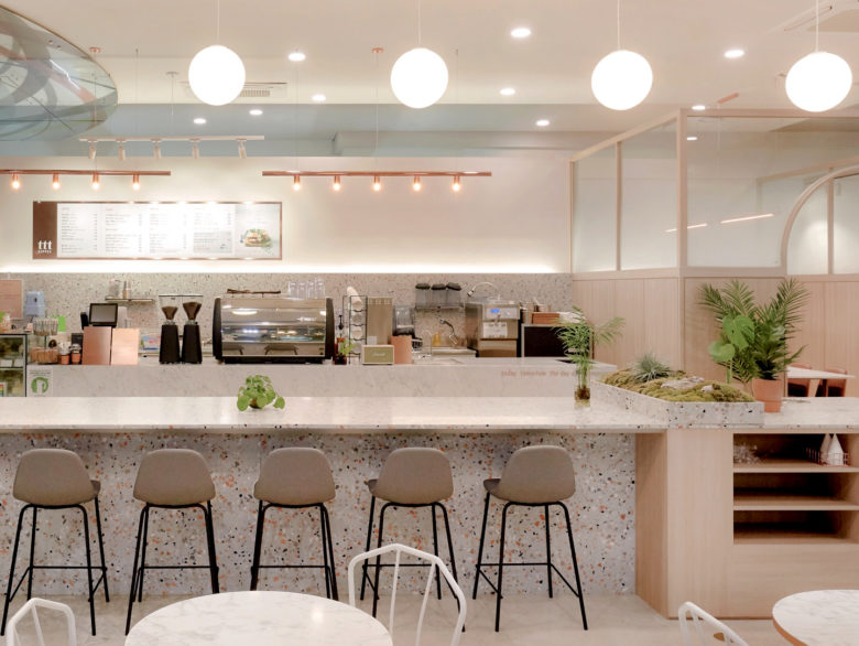 咖啡厅，咖啡厅设计，明亮简洁风格咖啡厅设计，韩国ttt咖啡厅，水磨石