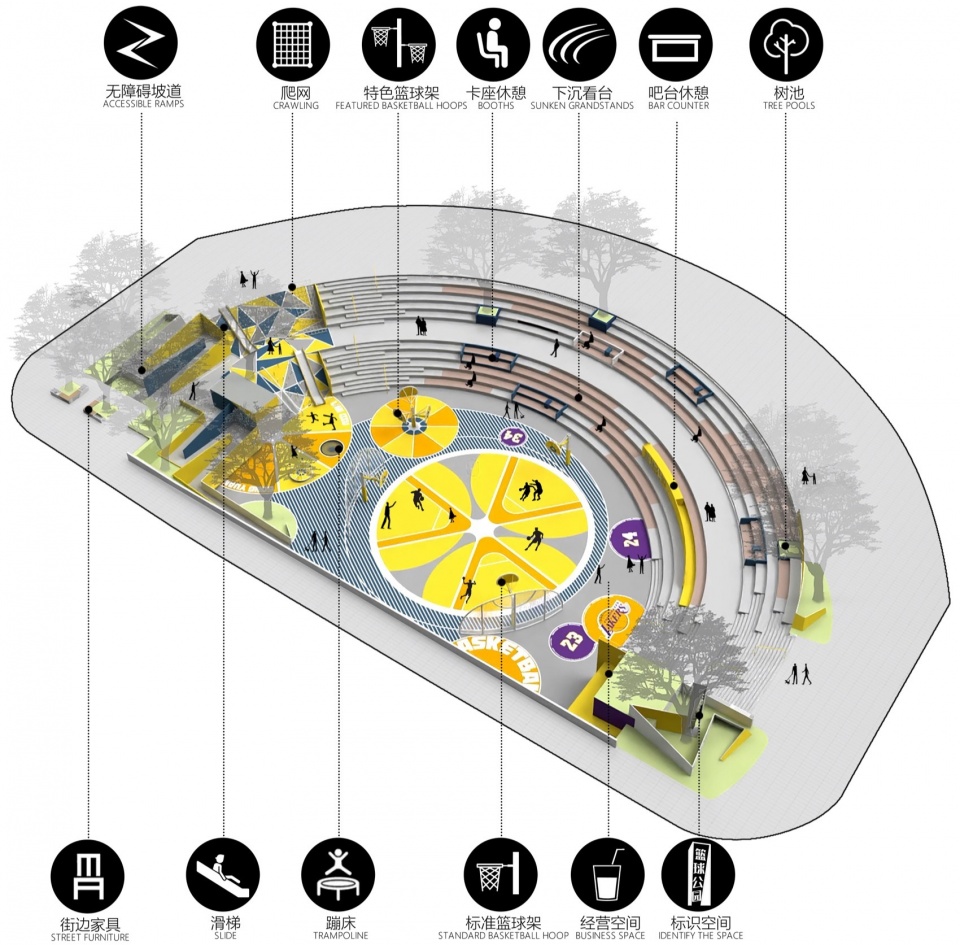 运动公园设计,户外篮球场设计,公园设计,篮球场设计案例,运动场地设计,宜昌发展大道JU橘•篮球公园,宜昌,HID翰地景观