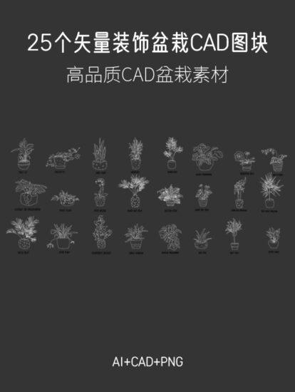 25个矢量装饰盆栽CAD图块合集，AI+CAD+PNG