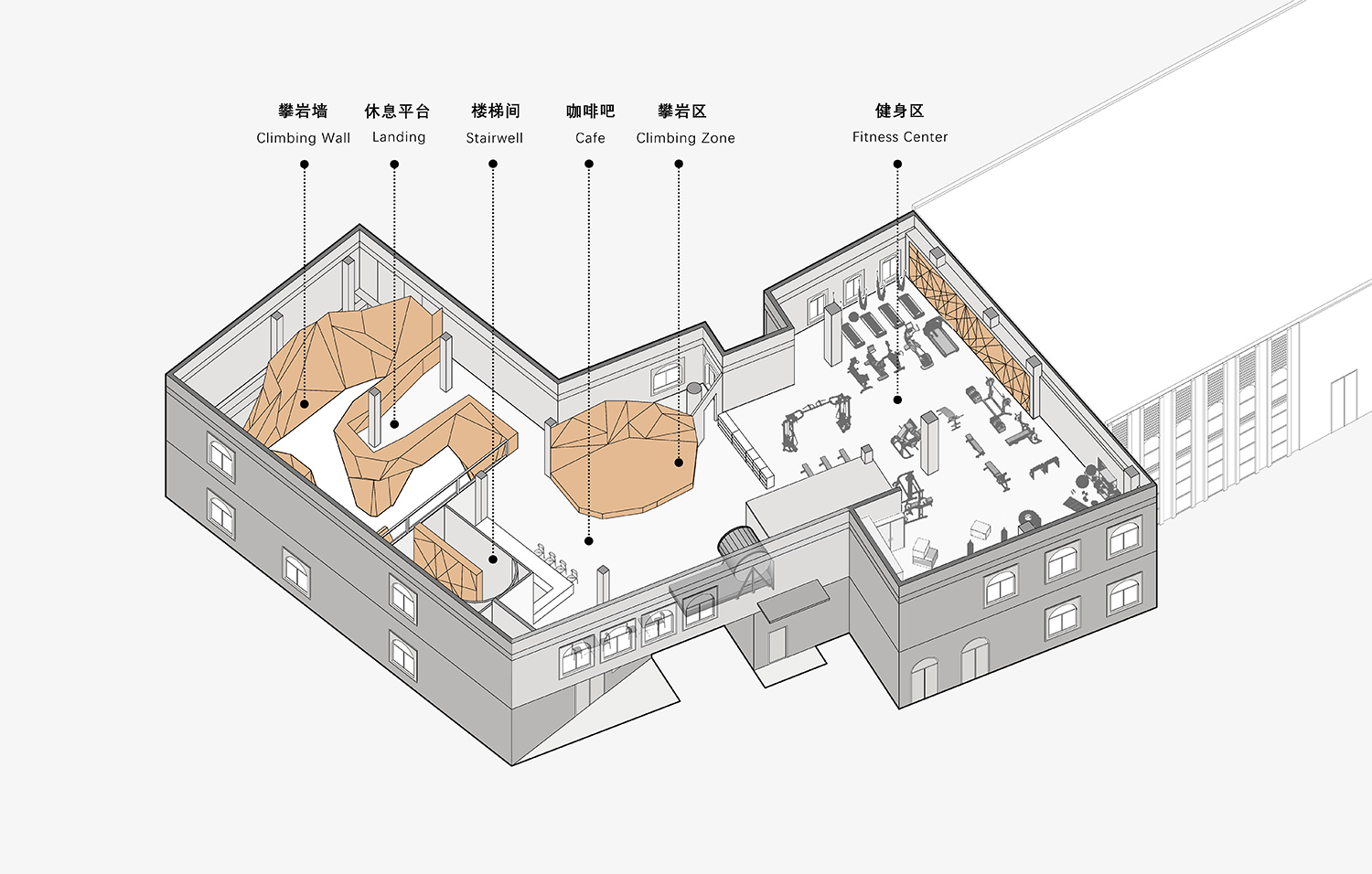 健身房设计,攀岩馆设计,城市攀岩空间设计,健身攀岩馆,健身房设计案例,多功能运动空间,健身房设计方案,上海古北晨道攀岩馆,上海,平介设计,杨楠